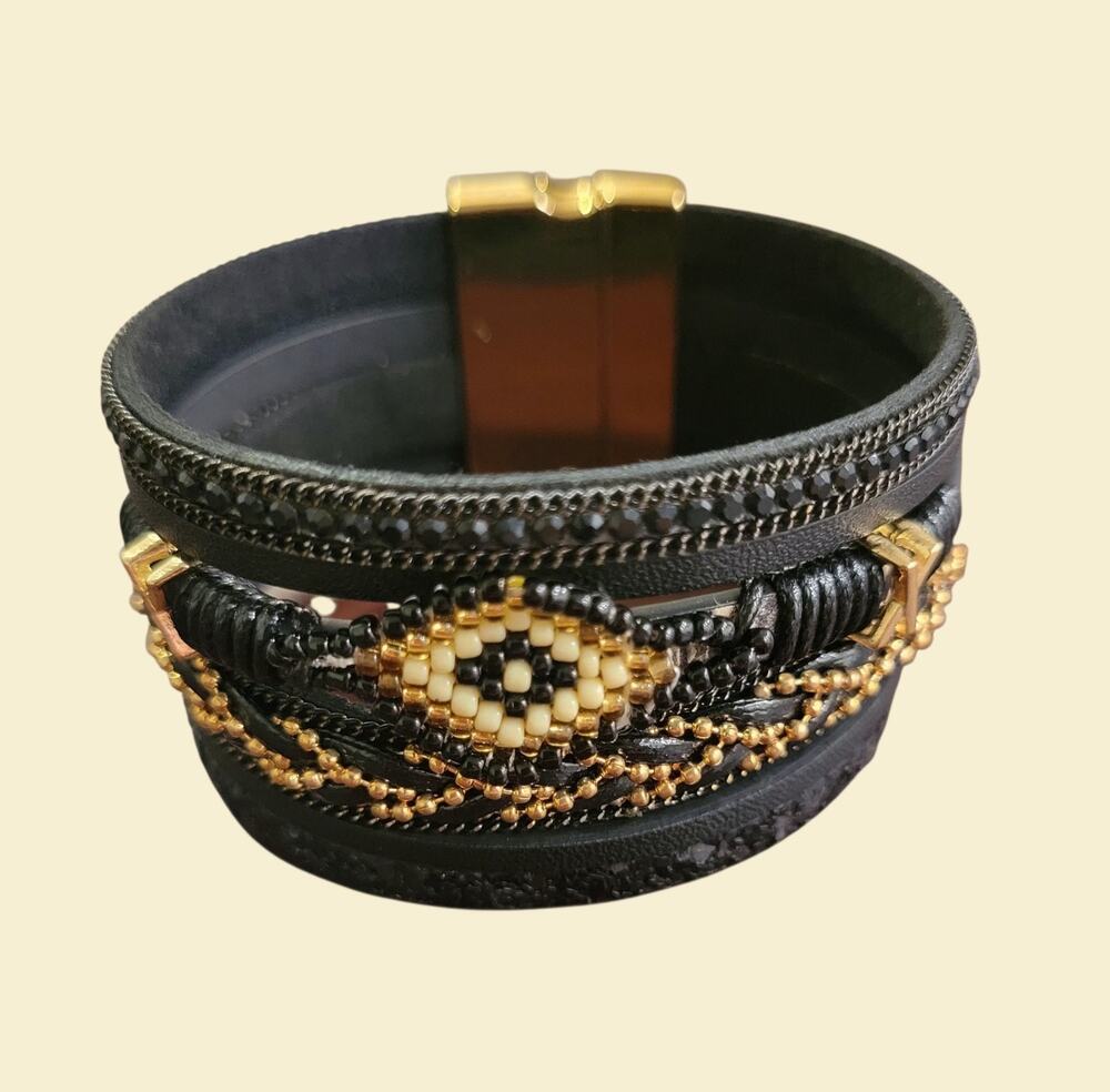 Boho Chic Multi Strand Wrap Bracelet Gold Black Beaded Magnetic Clasp New